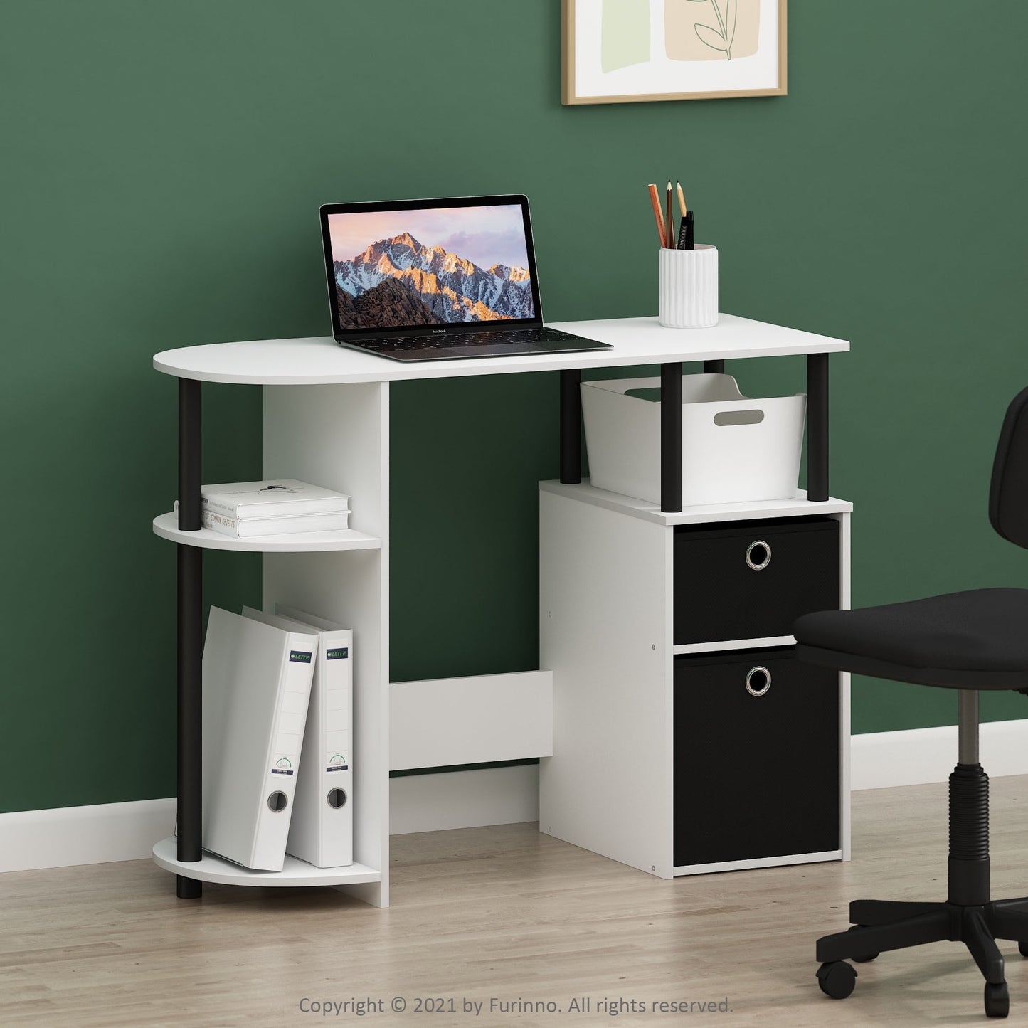 Furinno JAYA Simplistic Computer Study Desk with Bin Drawers, White/Black/Black