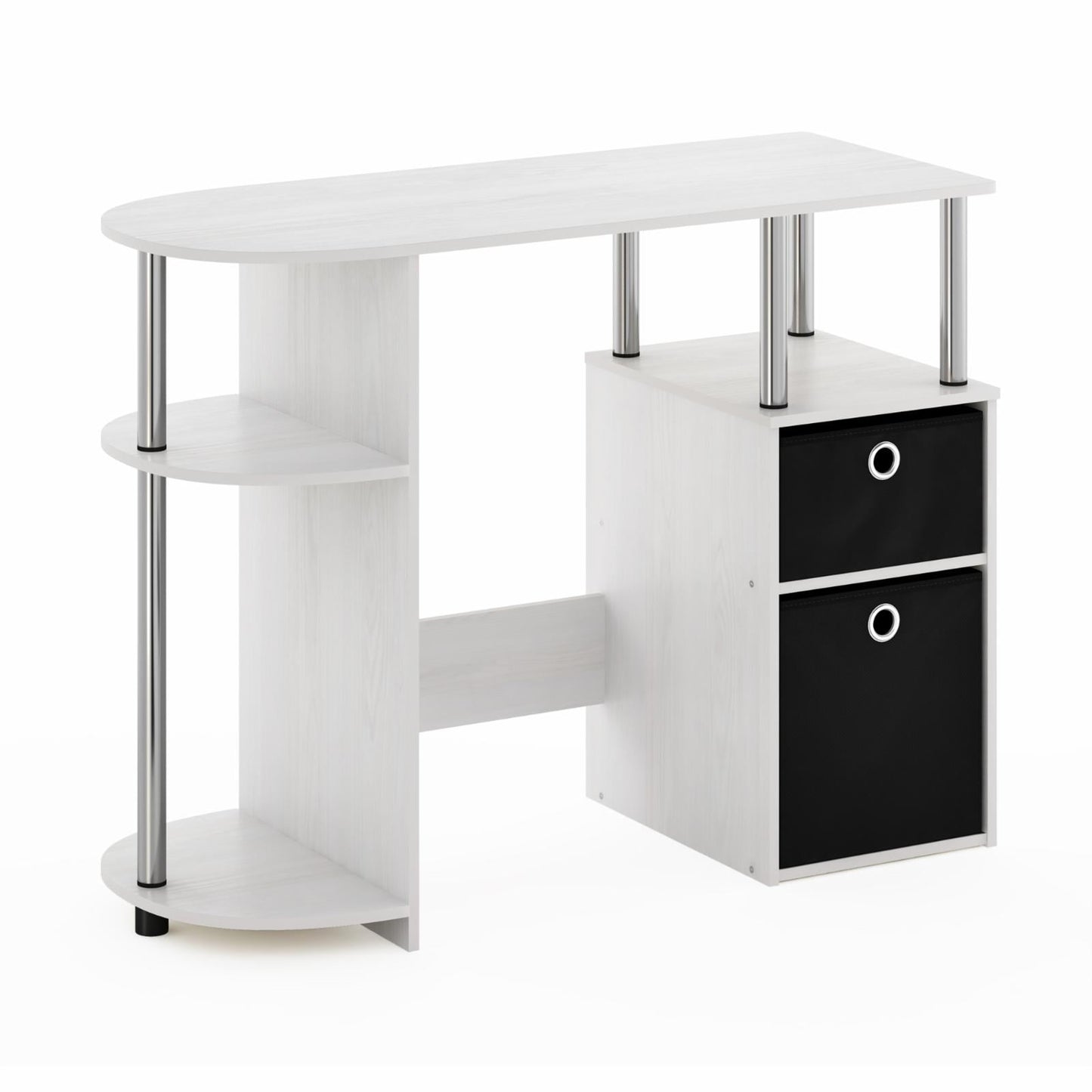 Furinno JAYA Simplistic Computer Study Desk with Bin Drawers, White Oak, Stainless Steel Tubes