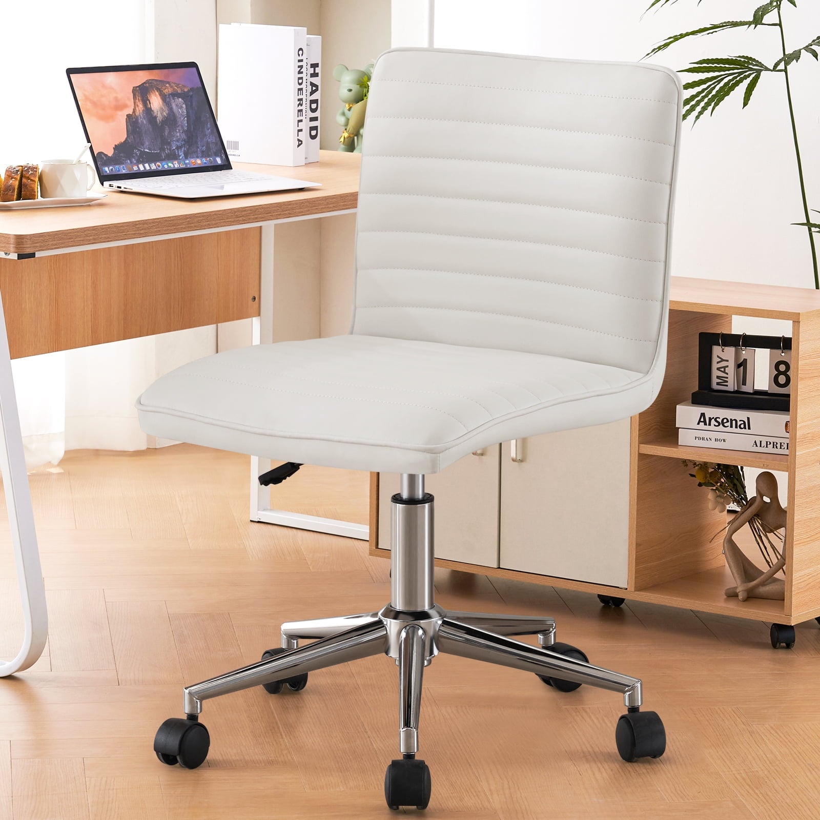 Furniliving Modern PU Leather Armless Office Chair Adjustable Swivel Office Desk Chair with Wheels Task Chair for Home Office, White