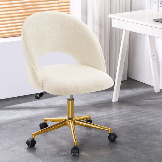 Furniliving Modern Rolling Mid-Back Armless Office Chair Swivel Upholstered Task Chair Open Curved Vanity Chair for Living Room Bedroom, White