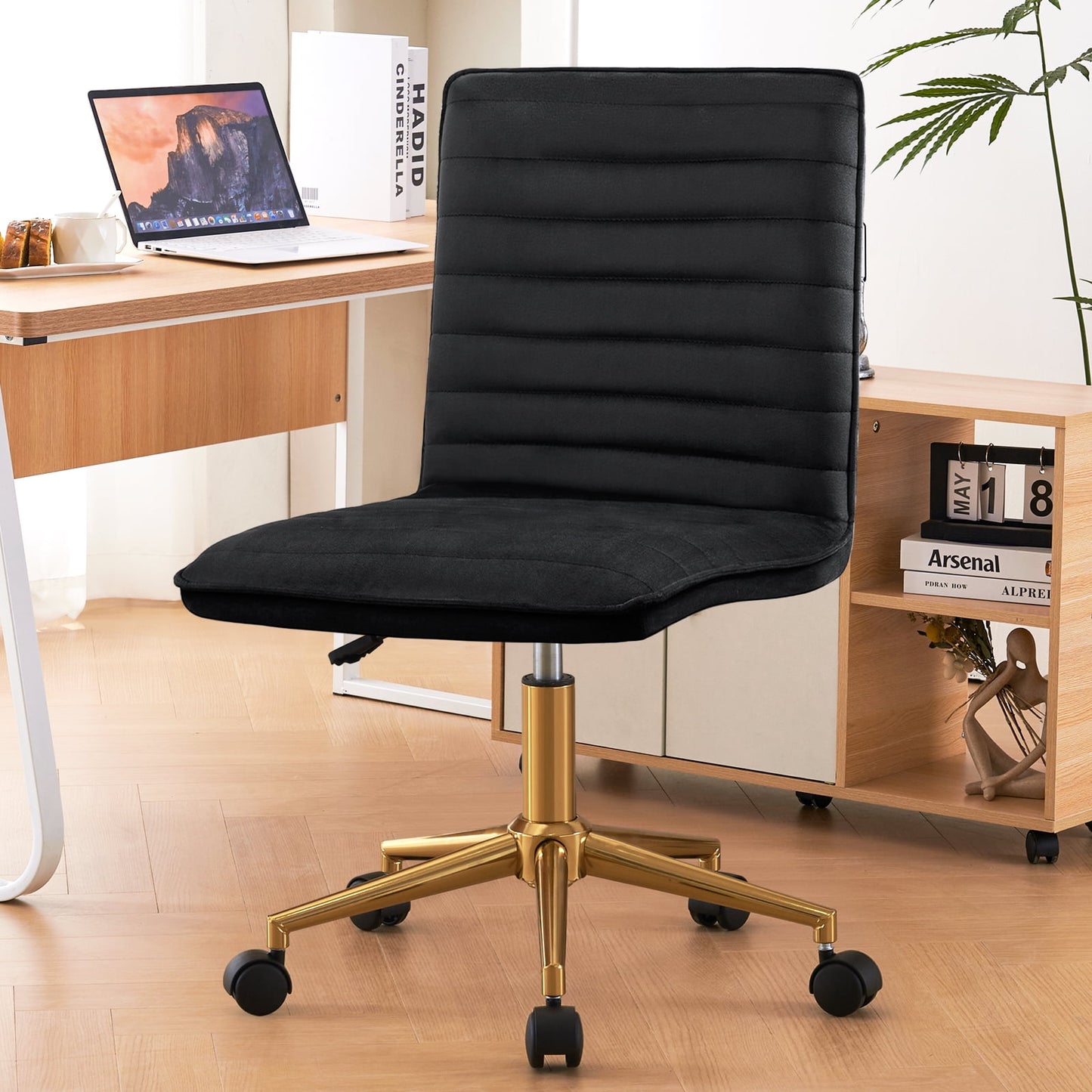 Furniliving Modern PU Leather Armless Office Chair Adjustable Swivel Office Desk Chair with Wheels Task Chair for Home Office, White