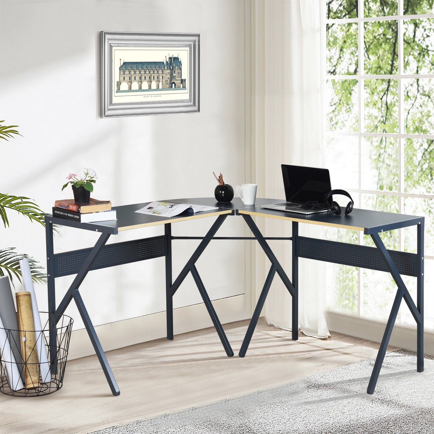 FurnitureR L Shaped Gaming Desk Computer Corner Desk Writing Desk Workstation Table for Home Office Study Notebook Navy Blue