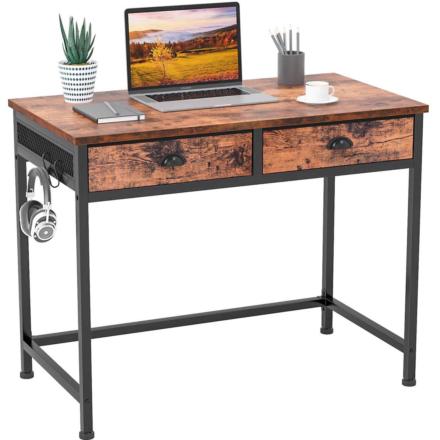 Furologee Computer Desk with 2 Fabric Drawers, 36" Home Office Writing Desk, Vanity Desk with Hooks, Study Desk for Small Spaces, Makeup Dressing Table, Rustic Brown