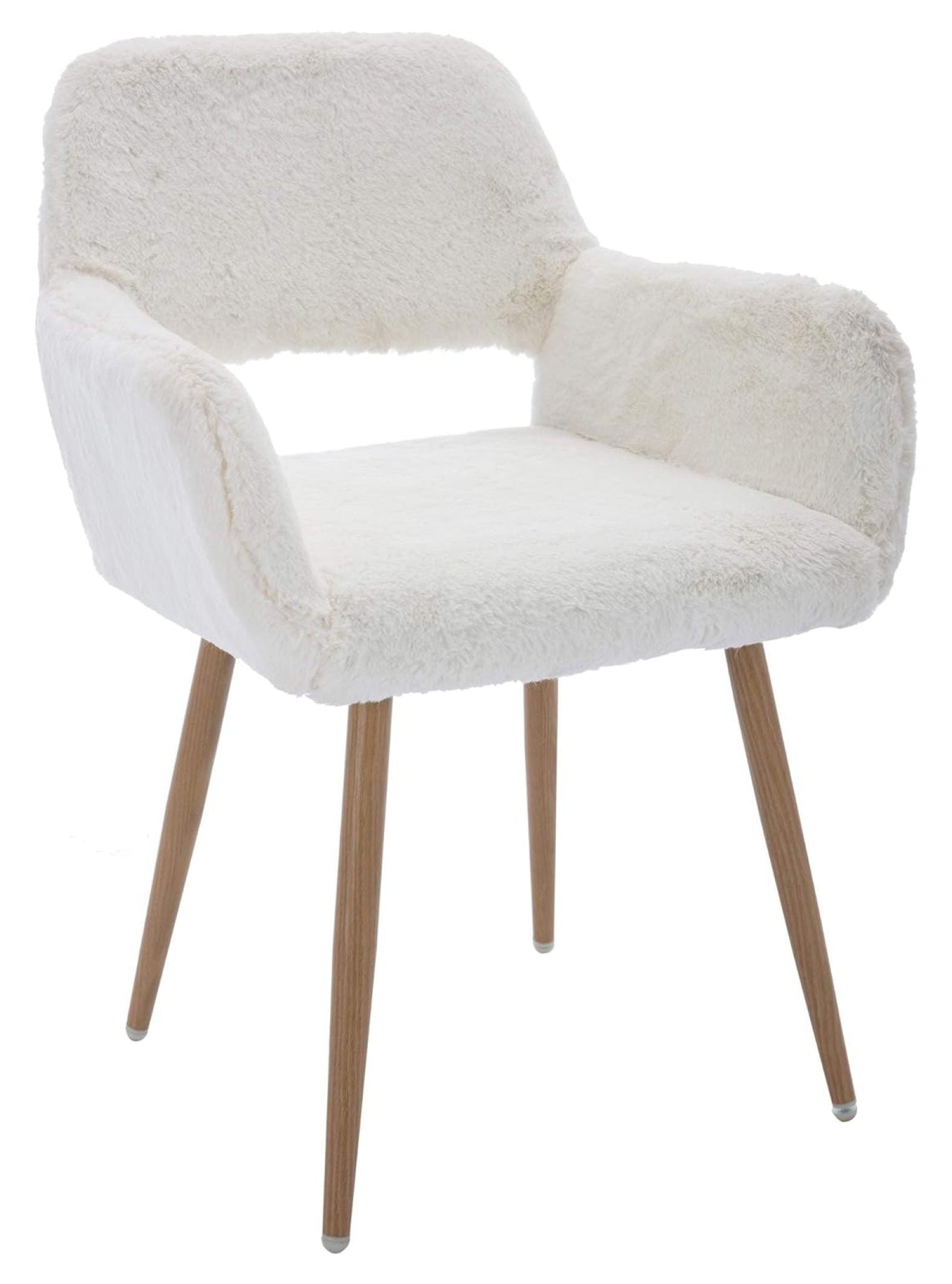 Furry Desk Chair, Modern Home Office Chair Without Wheels, Faux Fur Vanity Chair with Hollow Backrest, Comfy Armchair Wood Frame with Strudy Metal Legs, White