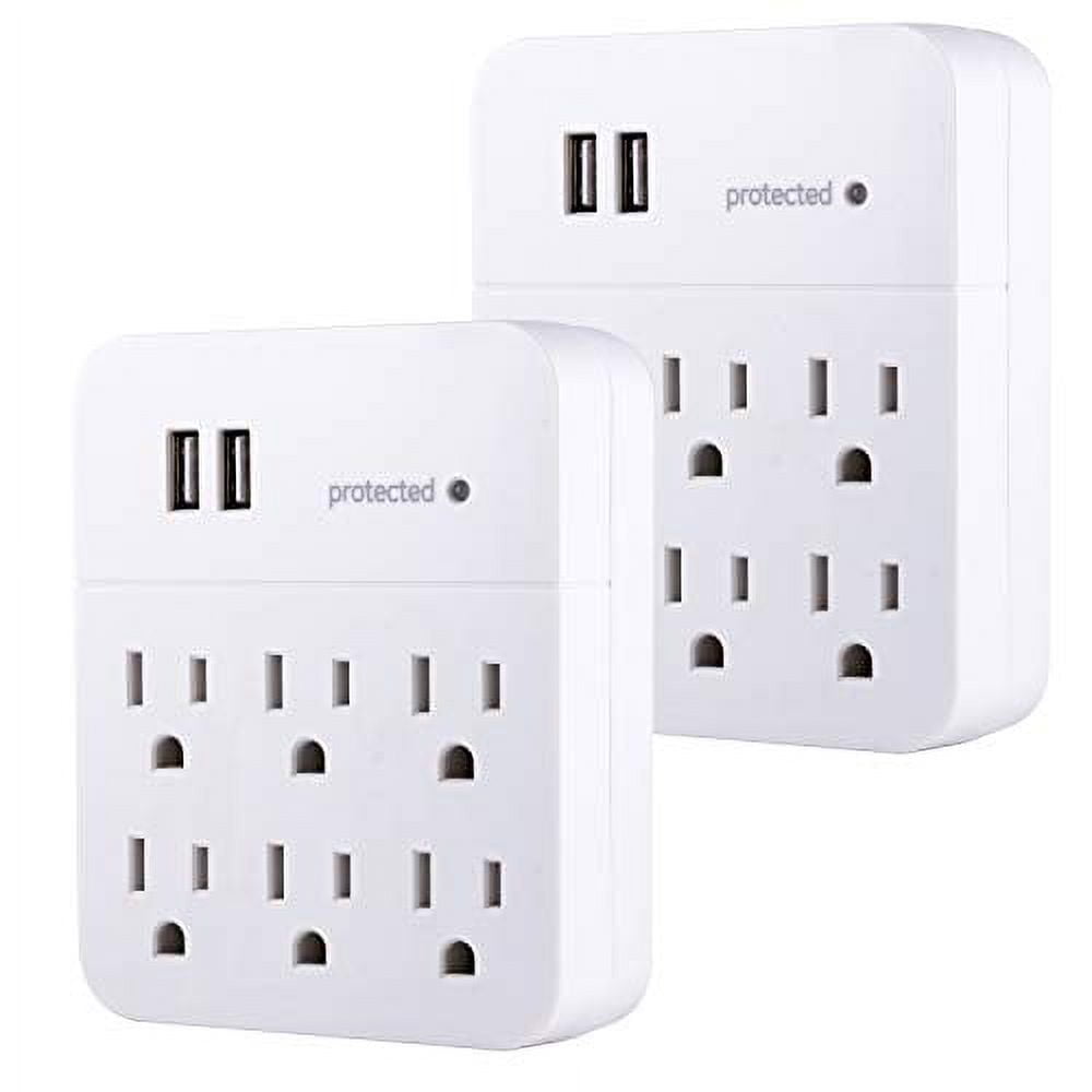 GE 6-Outlet 2 USB Surge Protector Adapter, 2 Pack, Wall Tap, 3 Prong, 560 Joules, White, 53871