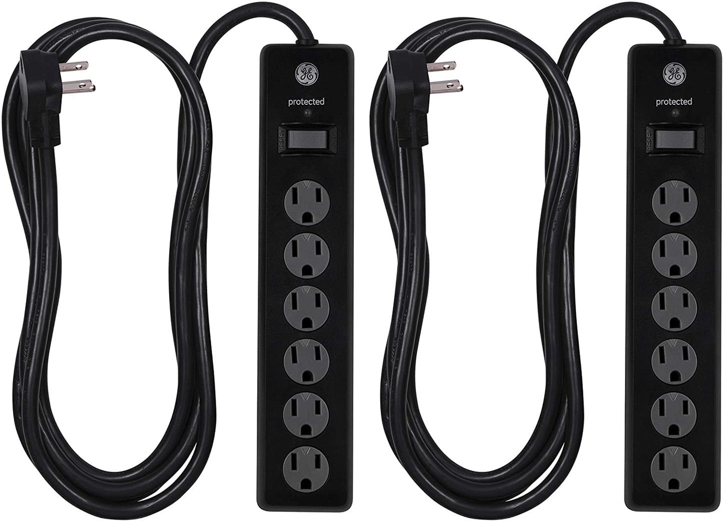 GENERAL ELECTRIC 6 Outlet Surge Protector 2 Pack, 10 ft. Extension Cord, Power Strip, 600 Joules, Twist-to-Close Safety Covers, Black, 54646