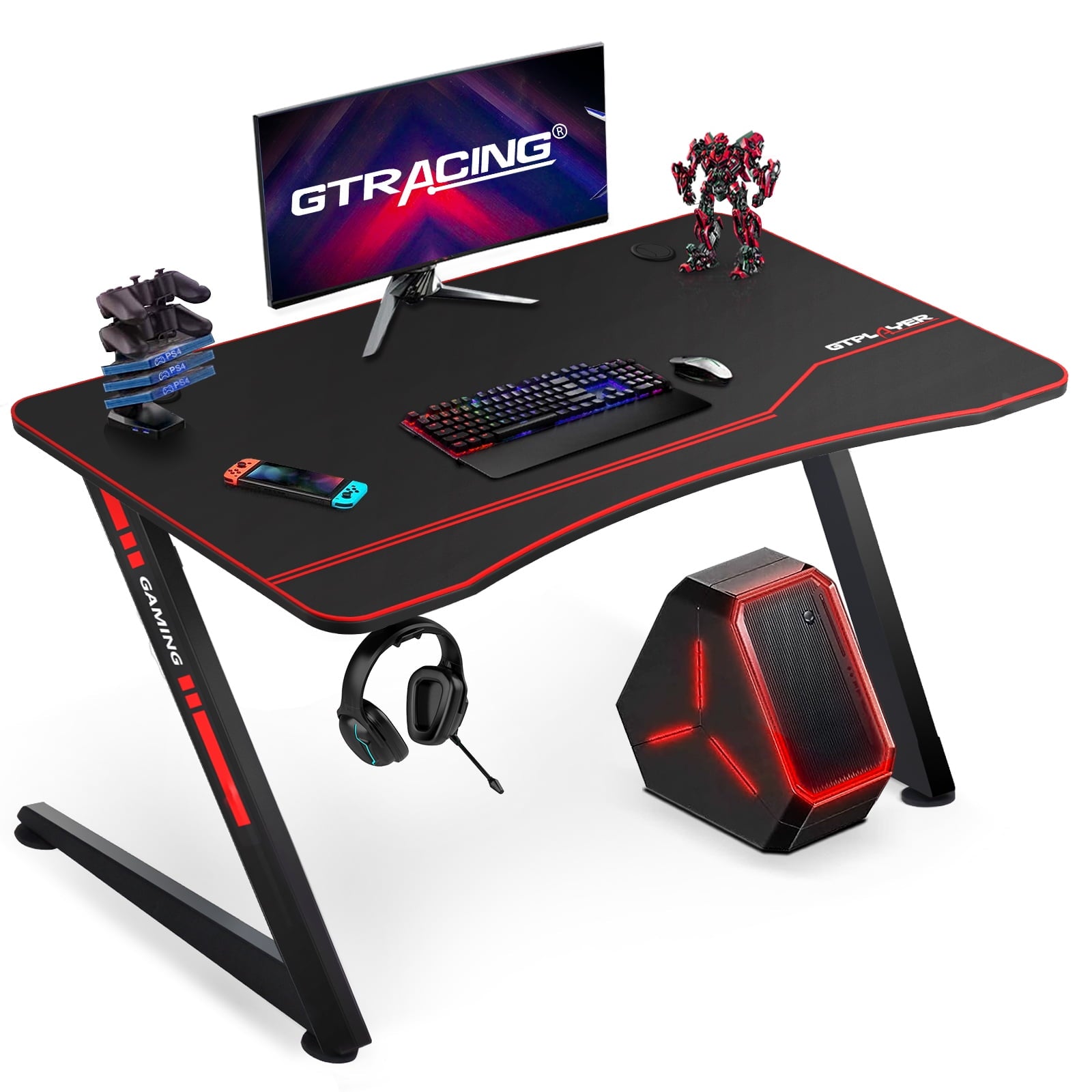 GTRACING 39" Large RGB Gaming Desk Z-Shaped Office Desk Spacious Work Surface Table, Black