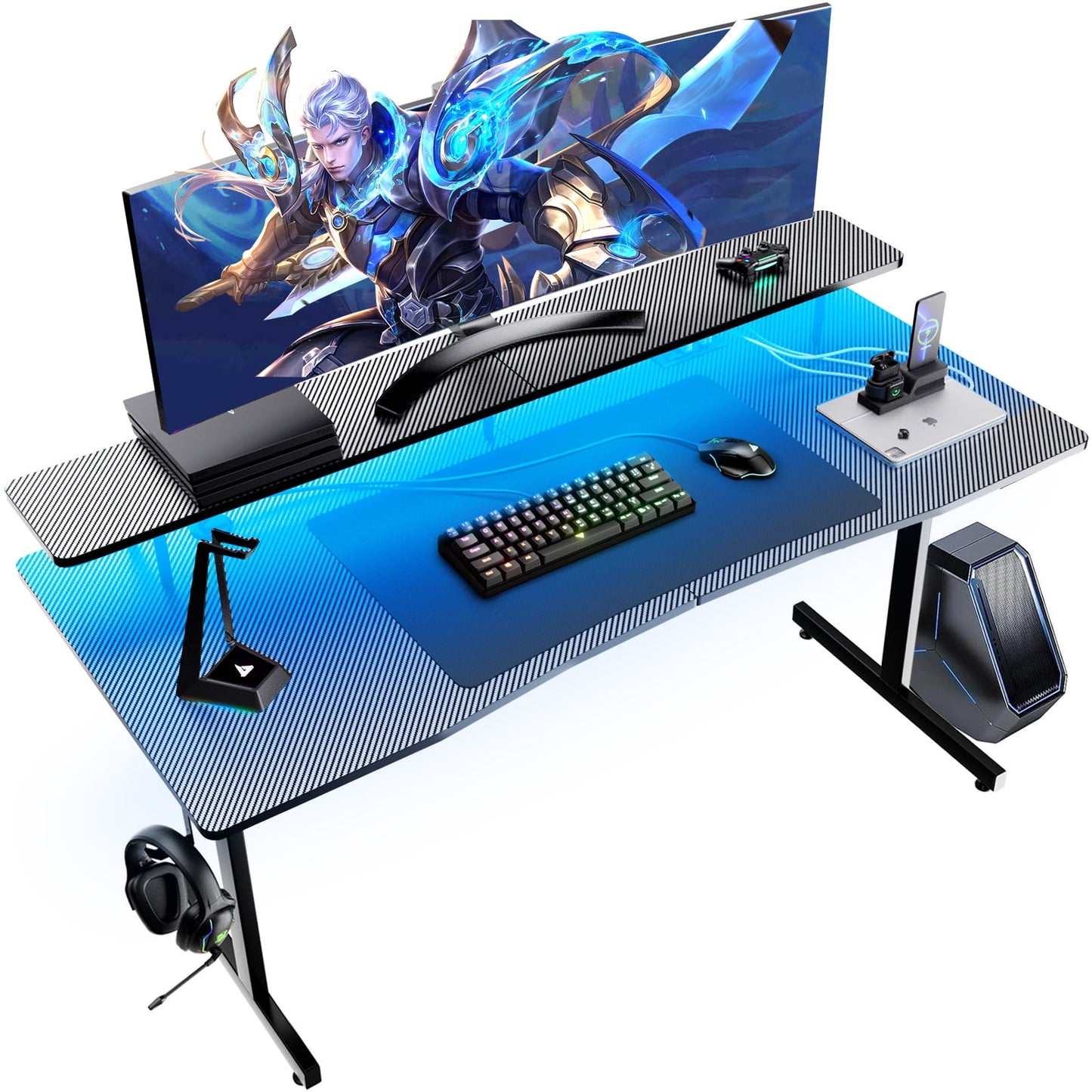 GTRACING 55" Large RGB Gaming Desk with Monitor Stand,Smart Led Light & Mouse Pad T-Shaped Office Chair Desk Spacious Work Surface Table, Black