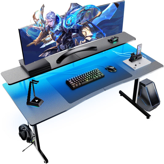 GTRACING 55" Large RGB Gaming Desk with Monitor Stand,Smart Led Light & Mouse Pad T-Shaped Office Chair Desk Spacious Work Surface Table, Black