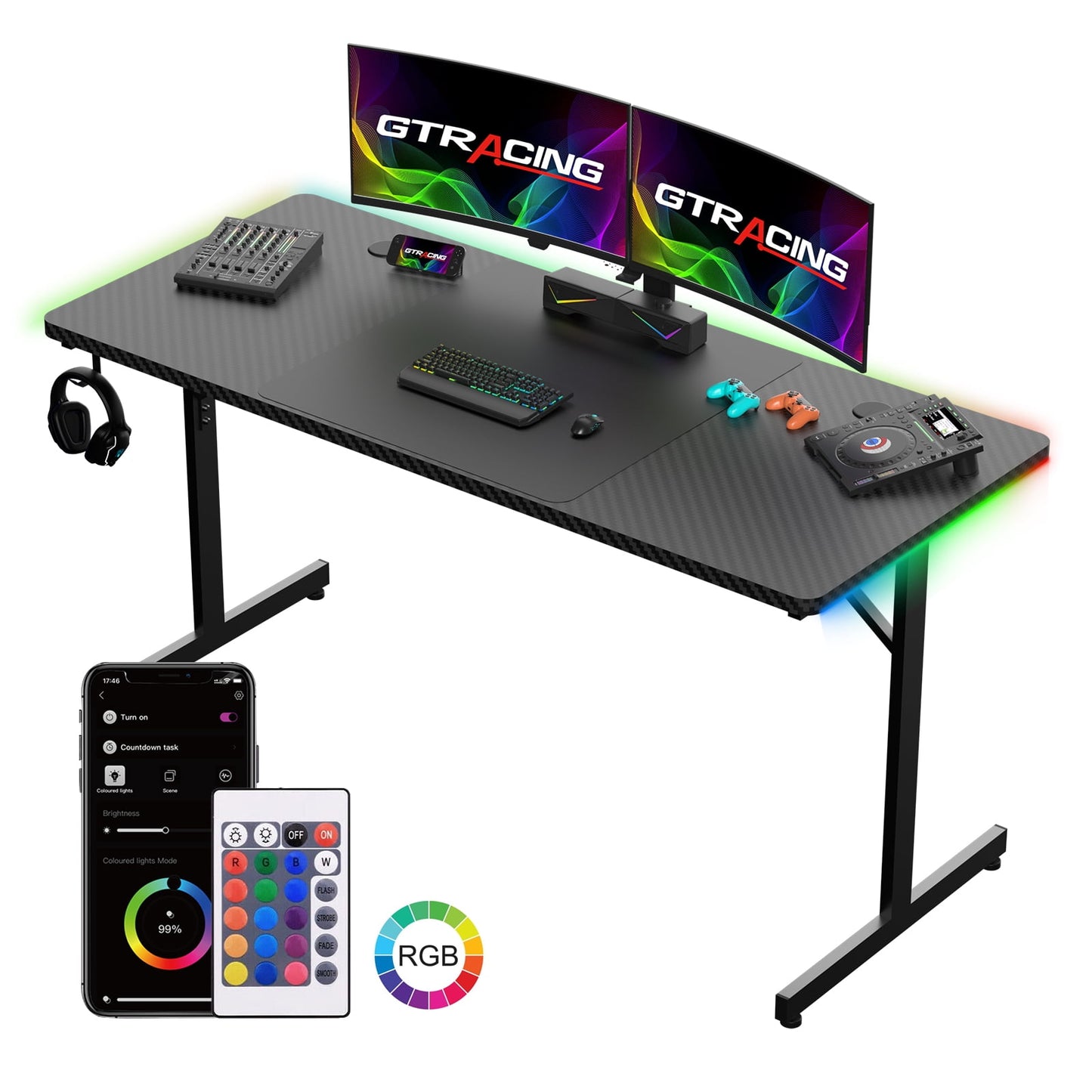 GTRACING 55" Large RGB Gaming Desk with Mouse Pad T-Shaped Office Chair Computer Desk Spacious Work Surface Table, Black