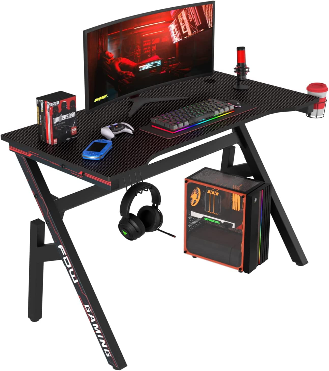 Gaming Desk Computer Desk 47 Inch Home Office Desk Extra Large Modern Ergonomic Black PC Carbon Fiber Table Gamer Workstation with Cup Holder Headphone Hook