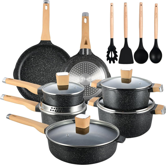 Garlié Kitchen Pots and Pans Set Non Stick, Induction Cookware Sets, Black Granite, 16 Pcs