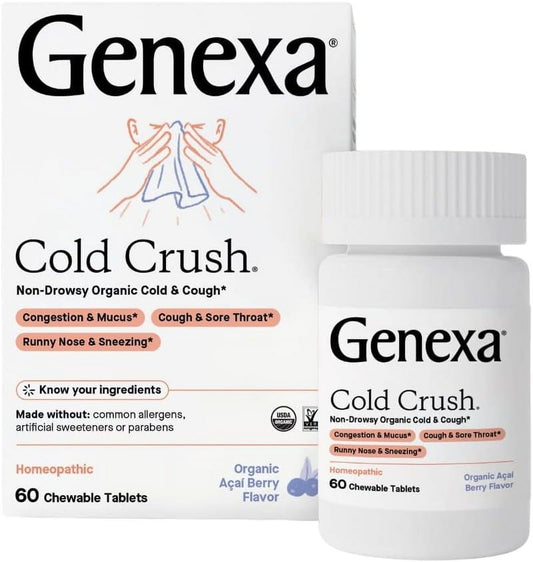 Genexa Cold Crush - 60 Tablets – Multi-Symptom Cough & Cold Remedy - Certified Vegan, Organic