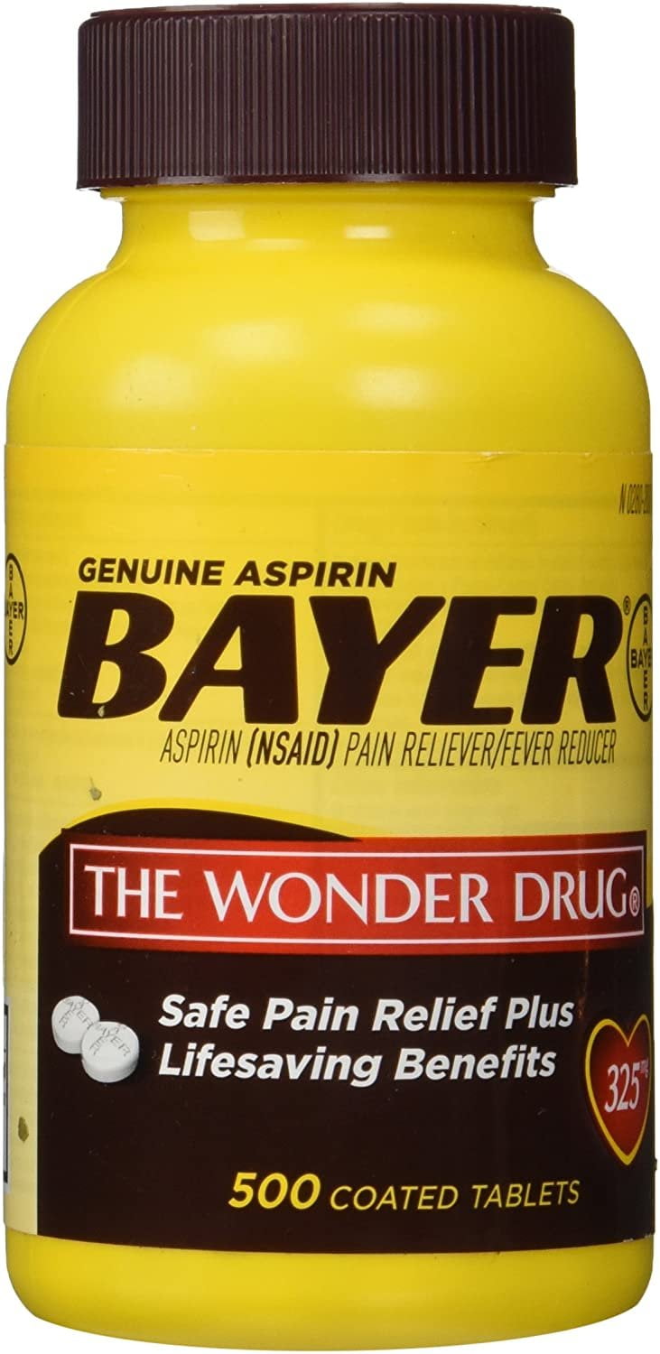 Genuine Bayer Aspirin NSAID Pain Reliever and Fever Reducer 325mg Per Tablet 500 Tablets per Bottle