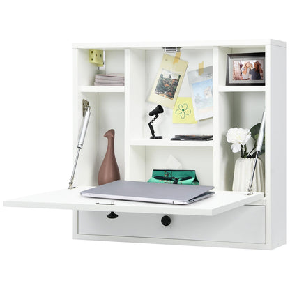 Giantex Floating Desk, Small Wall-mounted Computer Desk w/ Storage Drawer & Shelves, Convertible Writing Desk w/ Fold-up Desktop for Home Office Dormitory Small Spaces, White