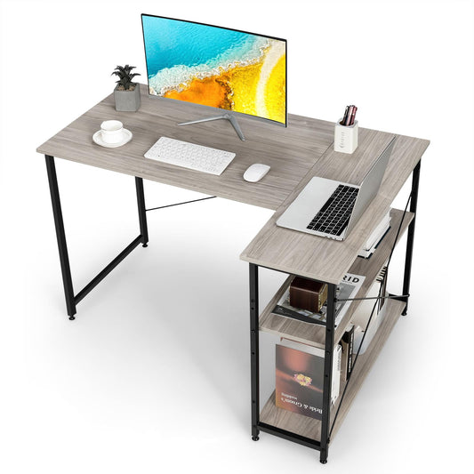 Giantex L-shaped Computer Desk, Corner Desk w/Reversible Shelves, Writing Study Workstation for Home Office, Gray