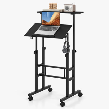 Giantex Mobile Standing Desk, Height Adjustable Sit to Stand Desk, Portable Laptop Desk, 2-Tier Computer Workstation for Home Office, Brown