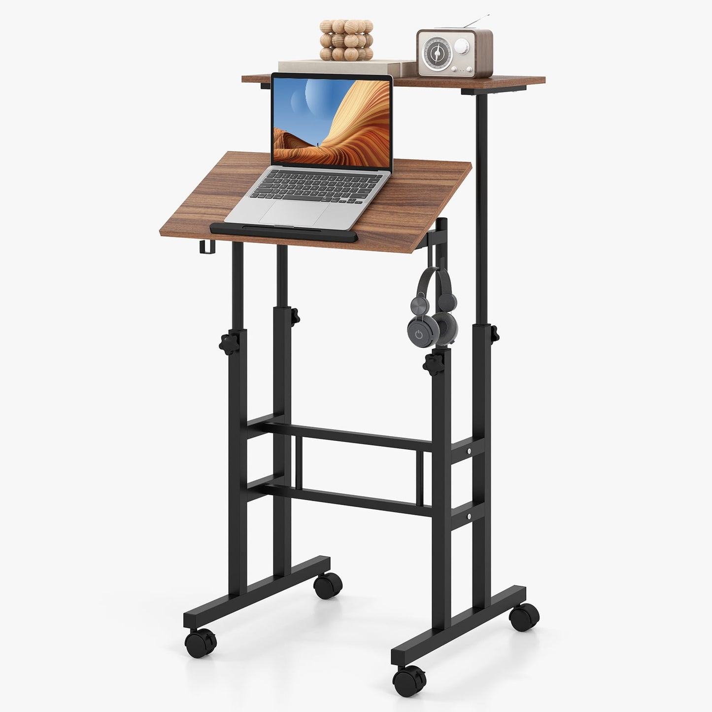 Giantex Mobile Standing Desk, Height Adjustable Sit to Stand Desk, Portable Laptop Desk, 2-Tier Computer Workstation for Home Office, Brown