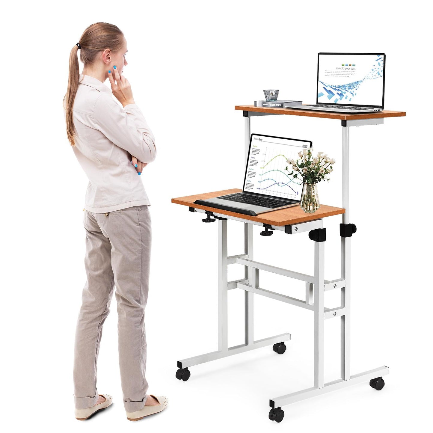 Giantex Mobile Standing Desk, Height Adjustable Stand up Desk w/Lockable Casters for Standing or Sitting, Home Office Computer Workstation