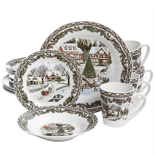 Gibson Christmas Toile 16 Piece Ceramic Dinnerware Set