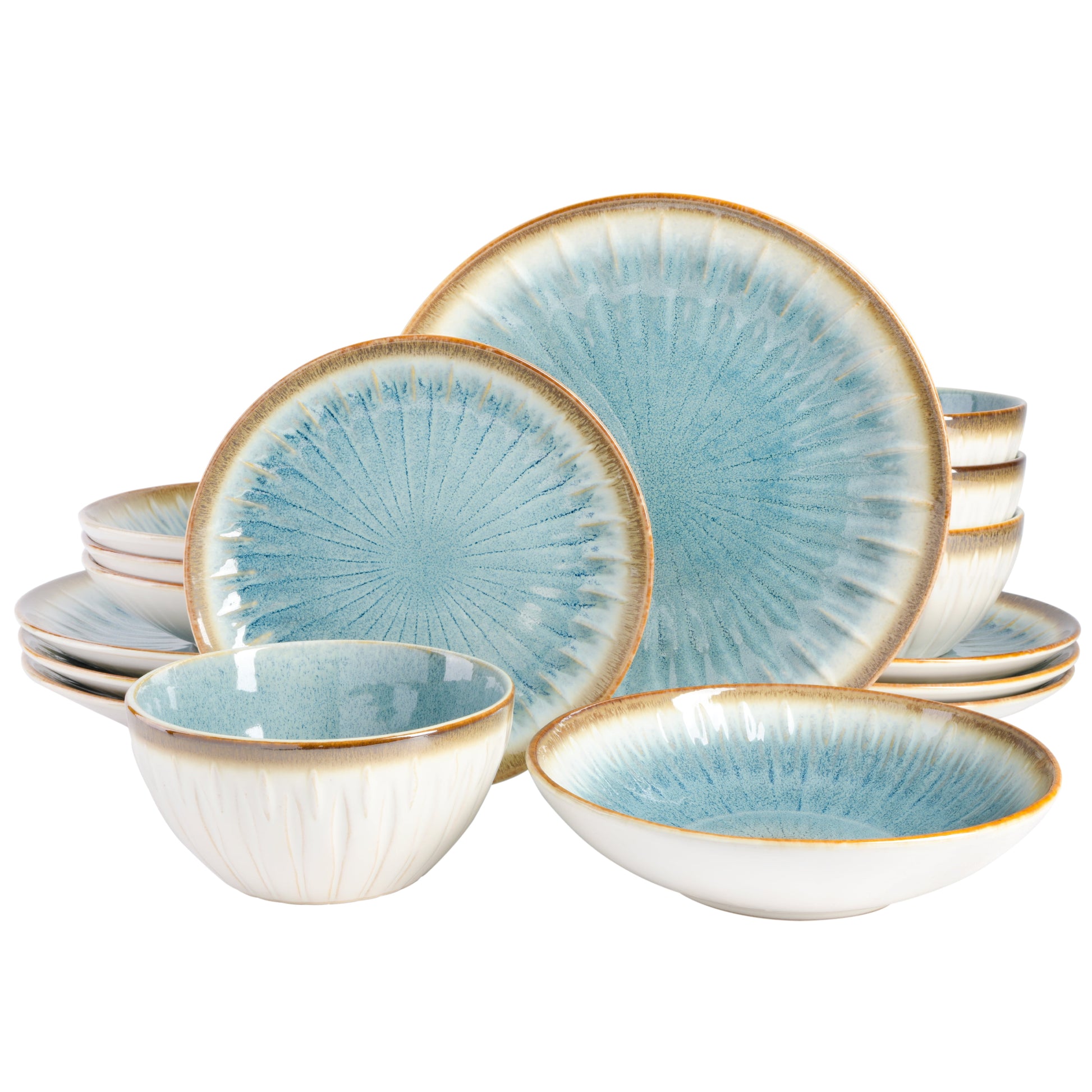 Gibson Elite Mayfair Bay 16 Piece Double Bowl Embossed Reactive Dinnerware – Blue