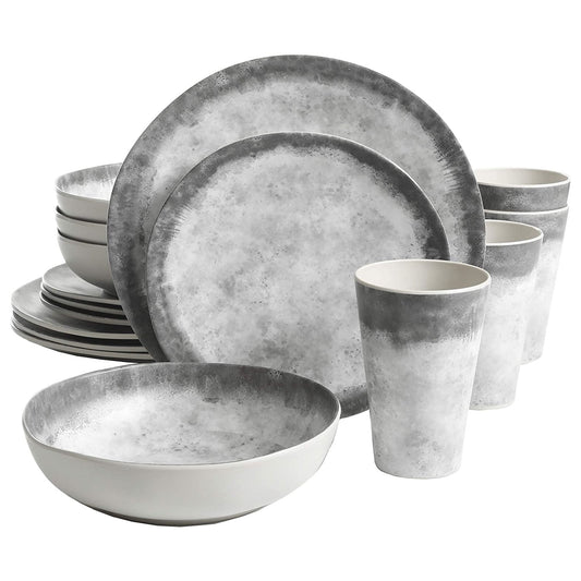 Gibson Home Granite Organic Round Melamine Dinnerware Set, Service for Four (16pcs), Marble