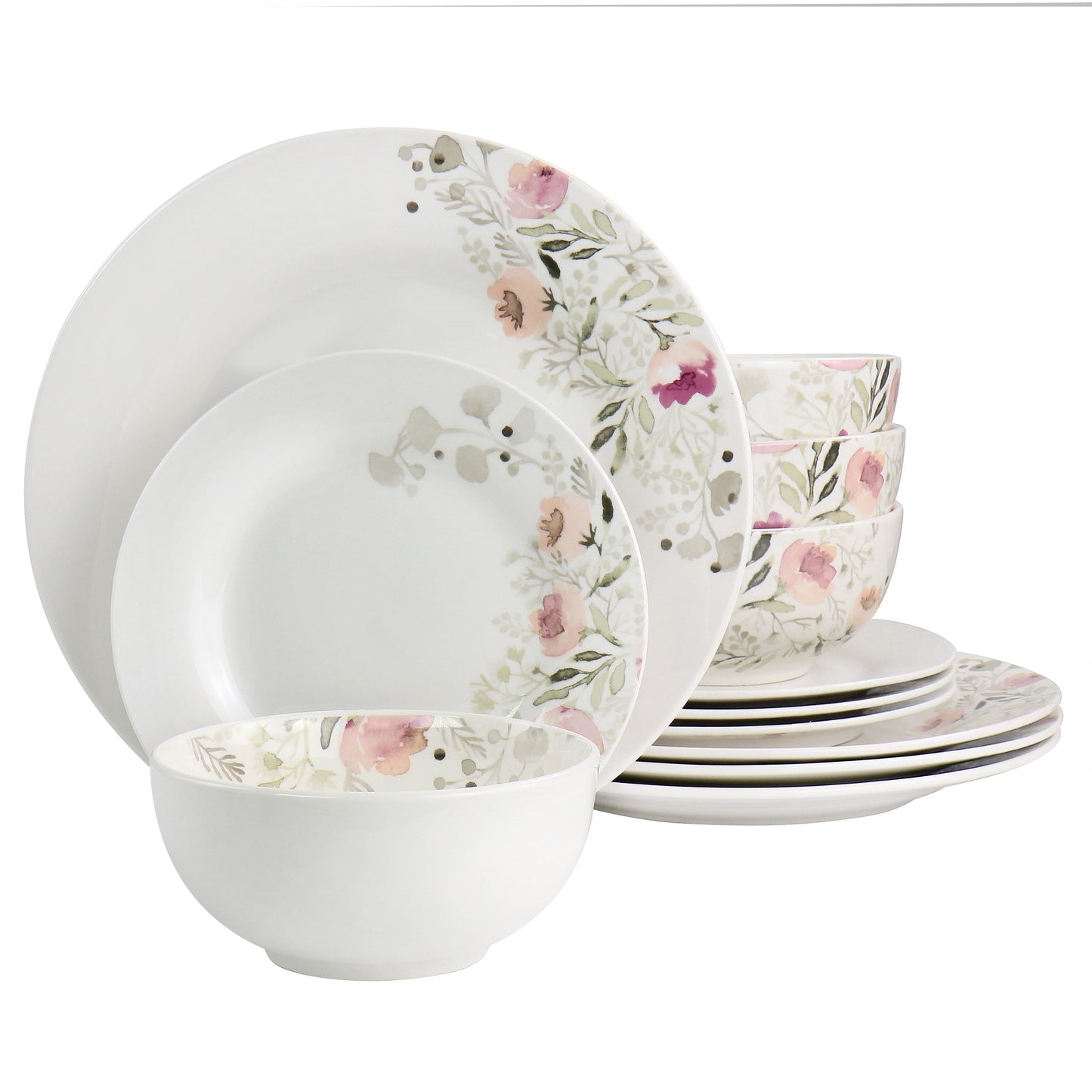 Gibson Home Lily Garden Ceramic 12 Piece Dinnerware Set in White and Pink