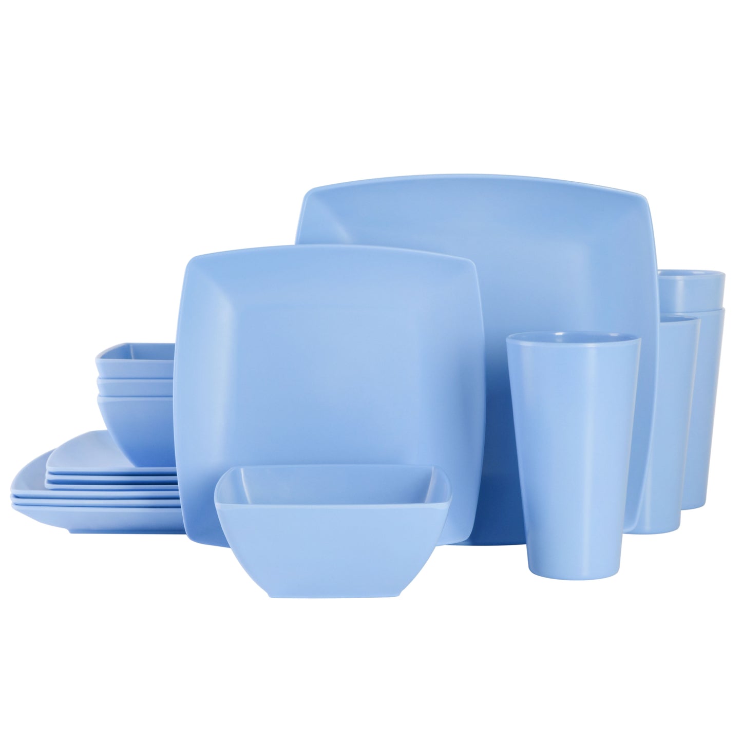 Gibson Home Soho Grayson Square Melamine Dinnerware Set, Service for Four (16pcs), Light Blue