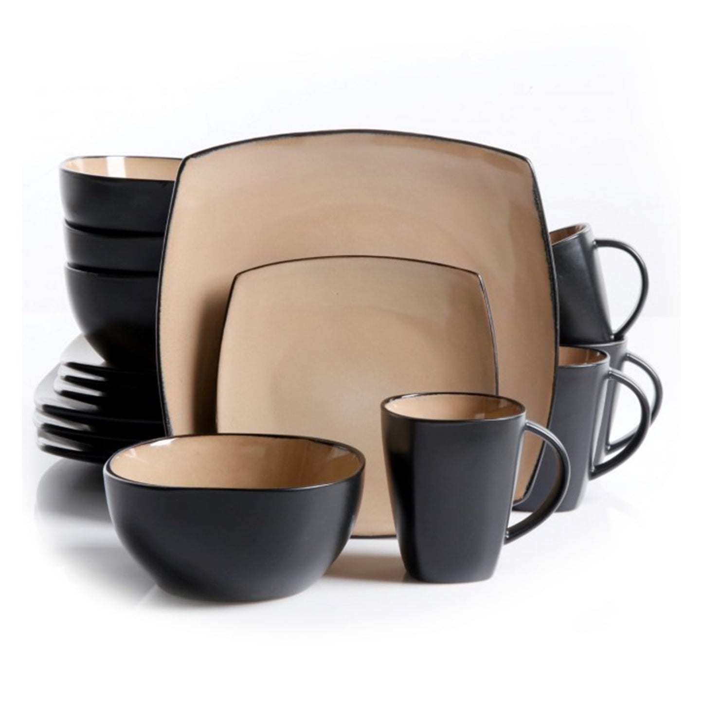 Gibson Home Soho Lounge 16 Piece Square Stoneware Dinnerware Set, Black and Taupe