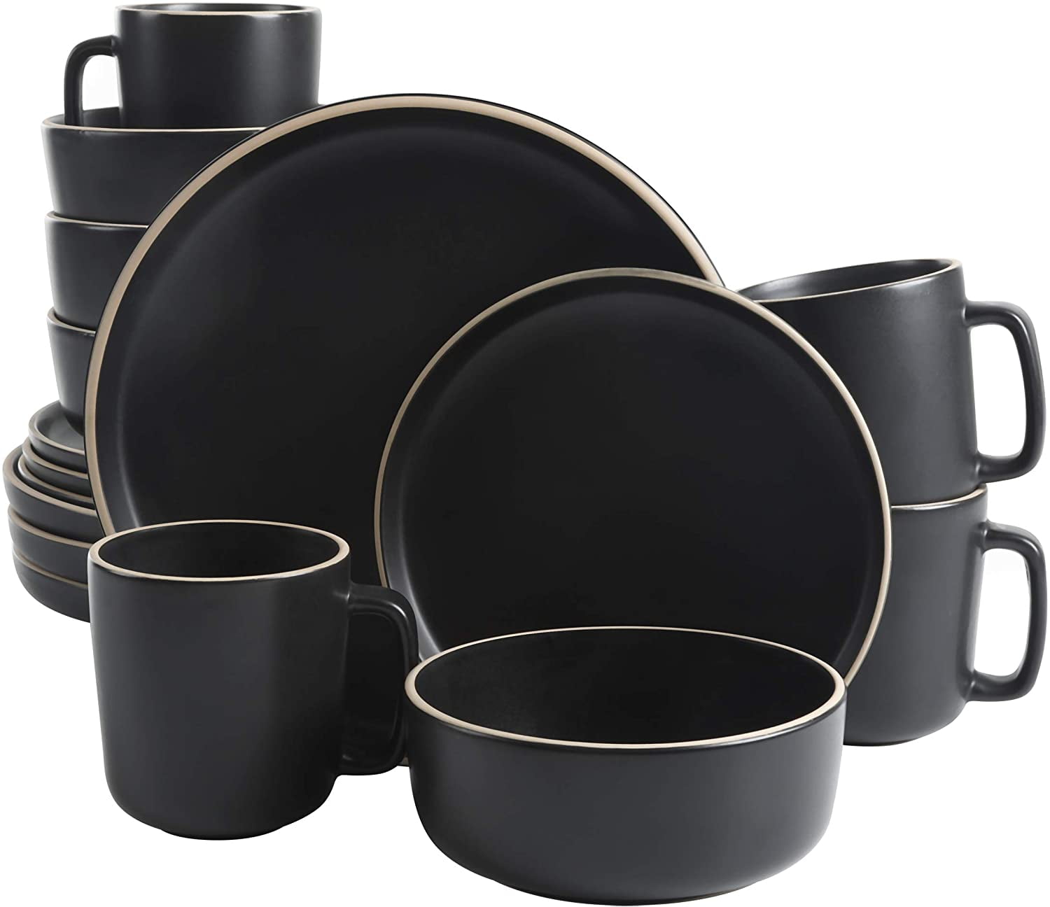 Gibson Home Zuma 16 Piece Round Kitchen Dinnerware Set, Dishes, Plates, Bowls, Mugs, Service for 4, Matte Stoneware, Black