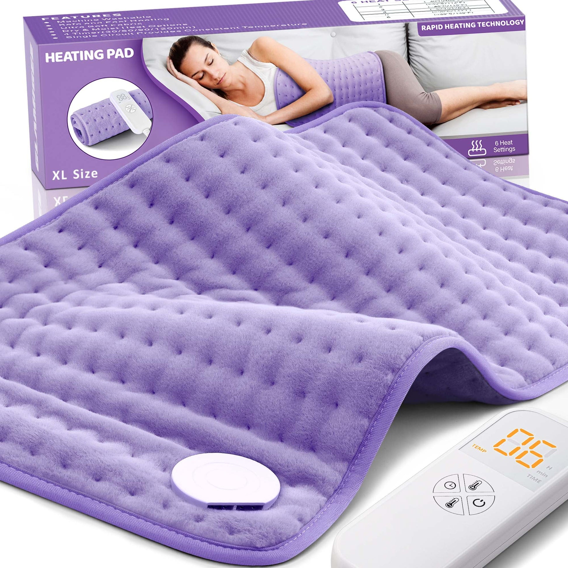 Glamigee Heating Pad for Back Pain Relief - Electric Neck & Shoulder Heating Pad - 6 Heat Settings, Auto-off, Moist Heat - Machine Washable - Gifts for Women, Mom - Purple