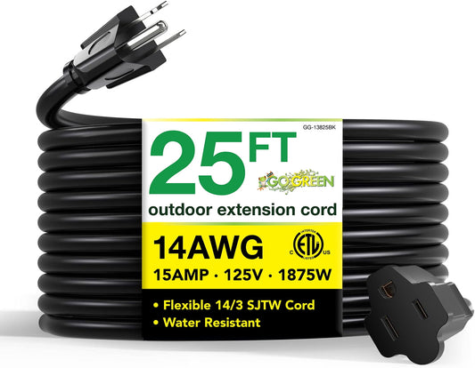 GoGreen Power GG-13825BK - 14/3 25 ft' SJTW Outdoor Extension Cord - Black