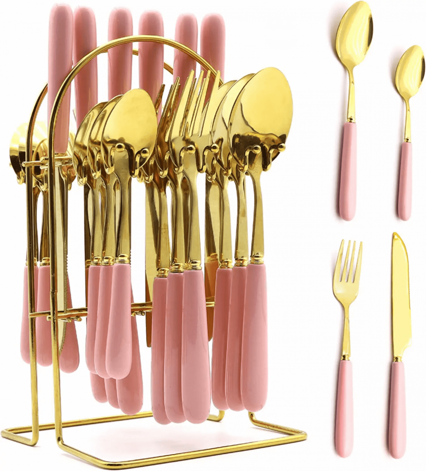 Gold Silverware Set, Caliamary 24 Pieces Flatware Set with Silverware Holder, Stainless Steel Knives and Forks and Spoons Cutlery Set Service for 6, Kitchen Utensil Tableware Set with Pink Handle