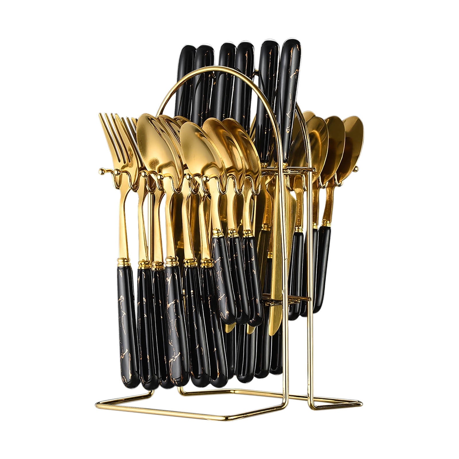 Golden Silverware Cutlery Gift Set With Box and Racks, 24-Piece Stainless Steel Gold Flatware Set, Christmas Kitchen Utensils Knife Fork Spoon Dinnerware Tableware Kit