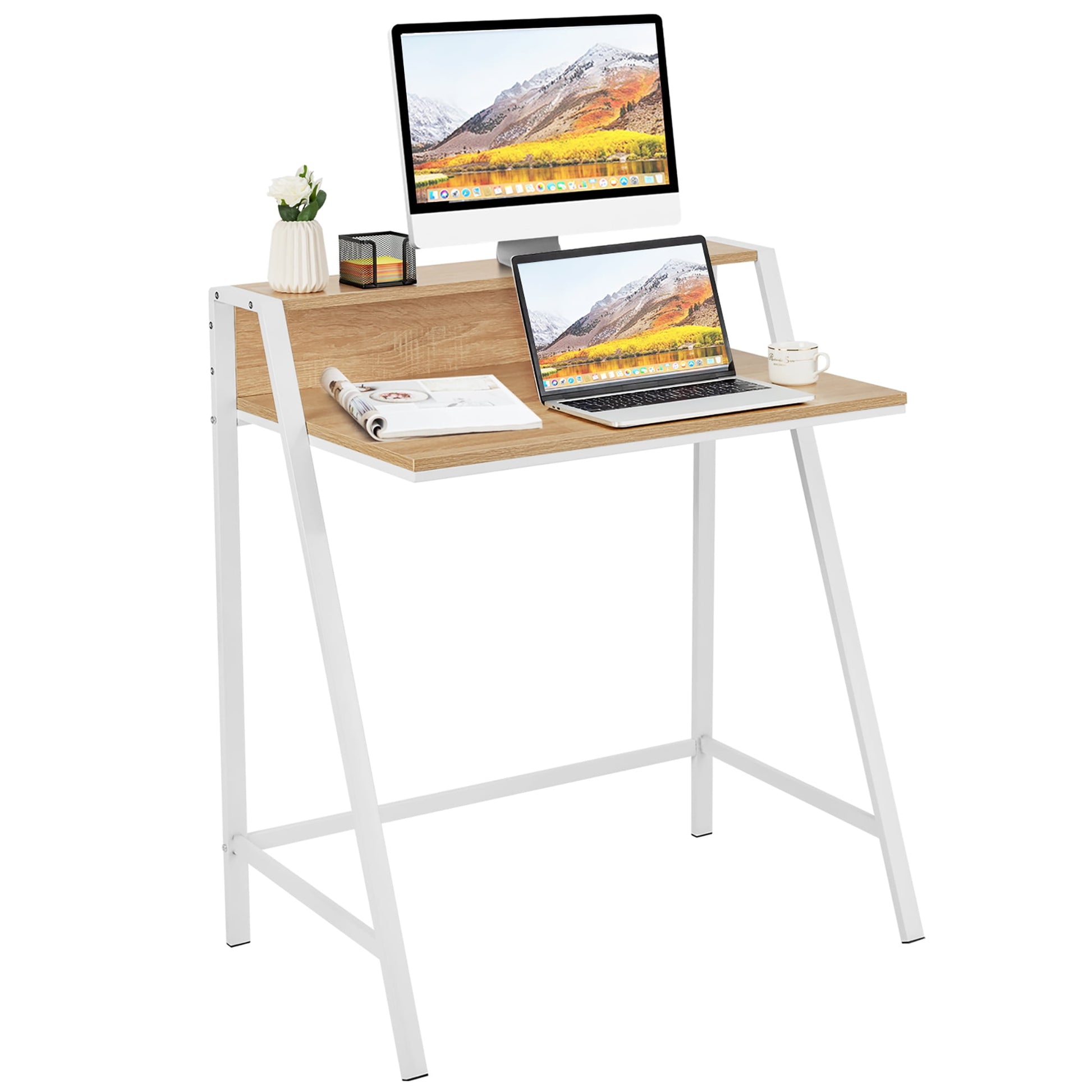 Goplus 2 Tier Computer Desk PC Laptop Table Study Writing Home Office Natural