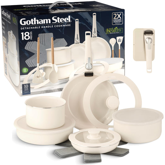 Gotham Steel Nonstick Pots and Pans 18 Piece Ceramic Induction Cookware Kitchen Set Detachable Handles Frying Skillet Cream