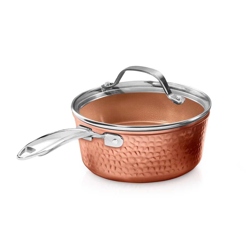 Gotham Steel Hammered 2.5 Quart, Non-Stick Sauce Pan with Lid, Ceramic Cookware, Premium, PFOA Free, Dishwasher Safe, Copper