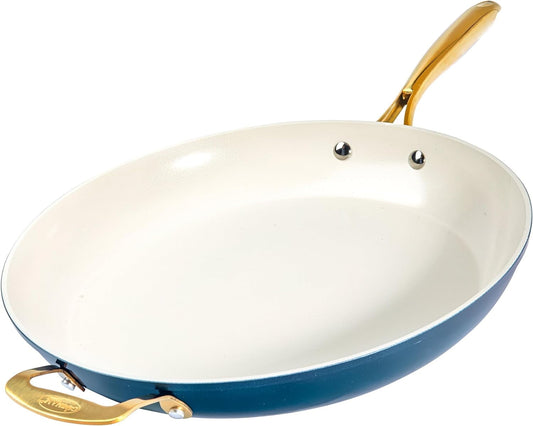 Gotham Steel Nonstick Frying Pan 14" inch Large Skillet Cooking Pan Oven Safe Induction Navy Blue Cream Gold Tone