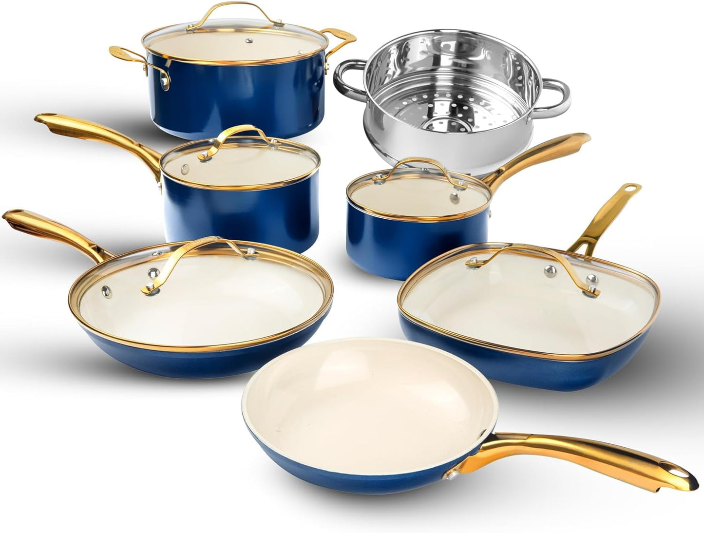 Gotham Steel Nonstick Pots and Pans Set 12 Piece Ceramic Cookware Kitchen Set with Frying Skillet, Saucepan | Navy Cream