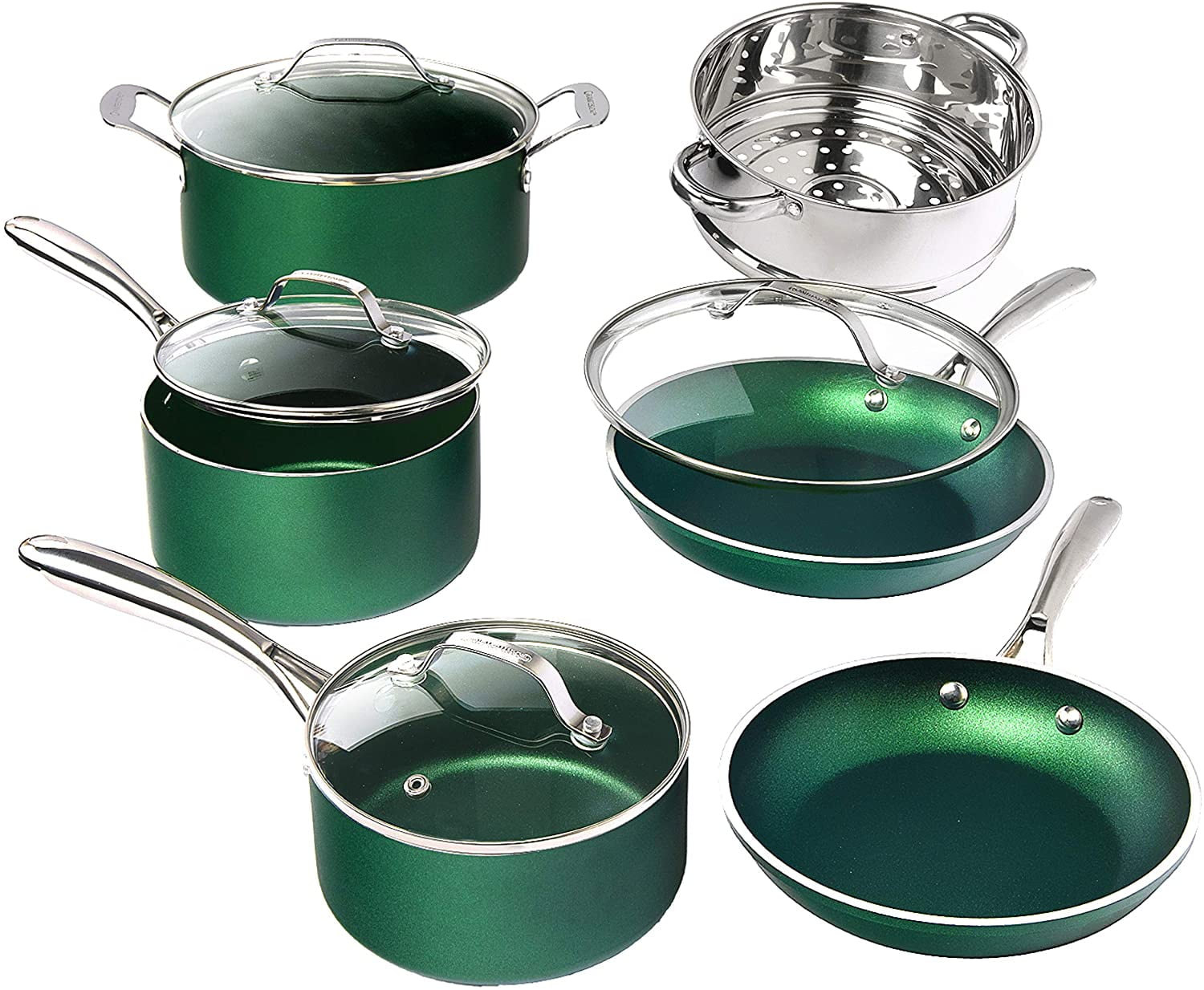 Granitestone Diamond Nonstick Pots and Pans 10 Piece Kitchen Cookware Set Cooking Frying Skillet Sauce Pan Stock Pot Green