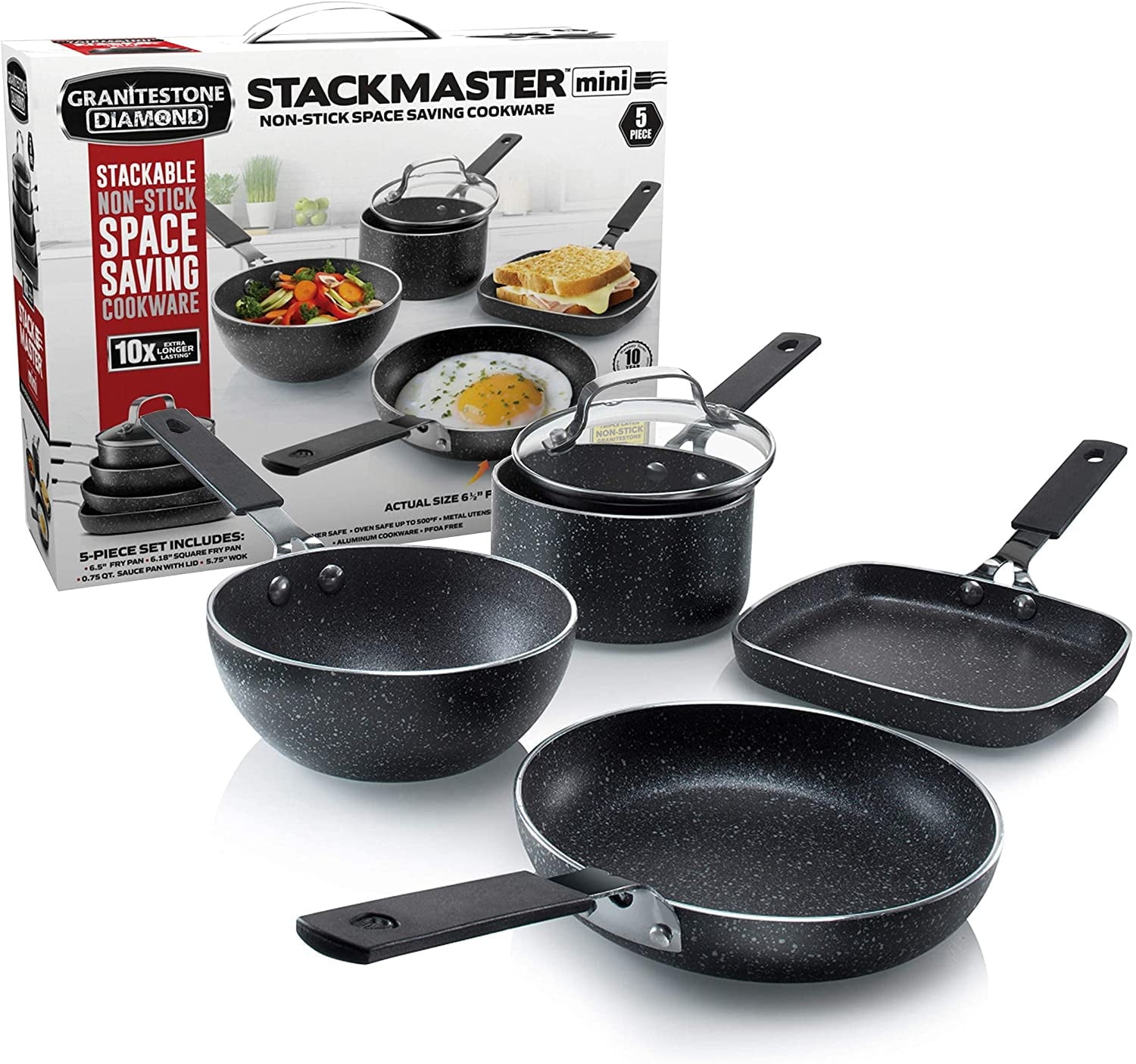 Granite Stone Mini Stackmaster Pots and Pans Set 5 Pcs Nonstick Cookware Set