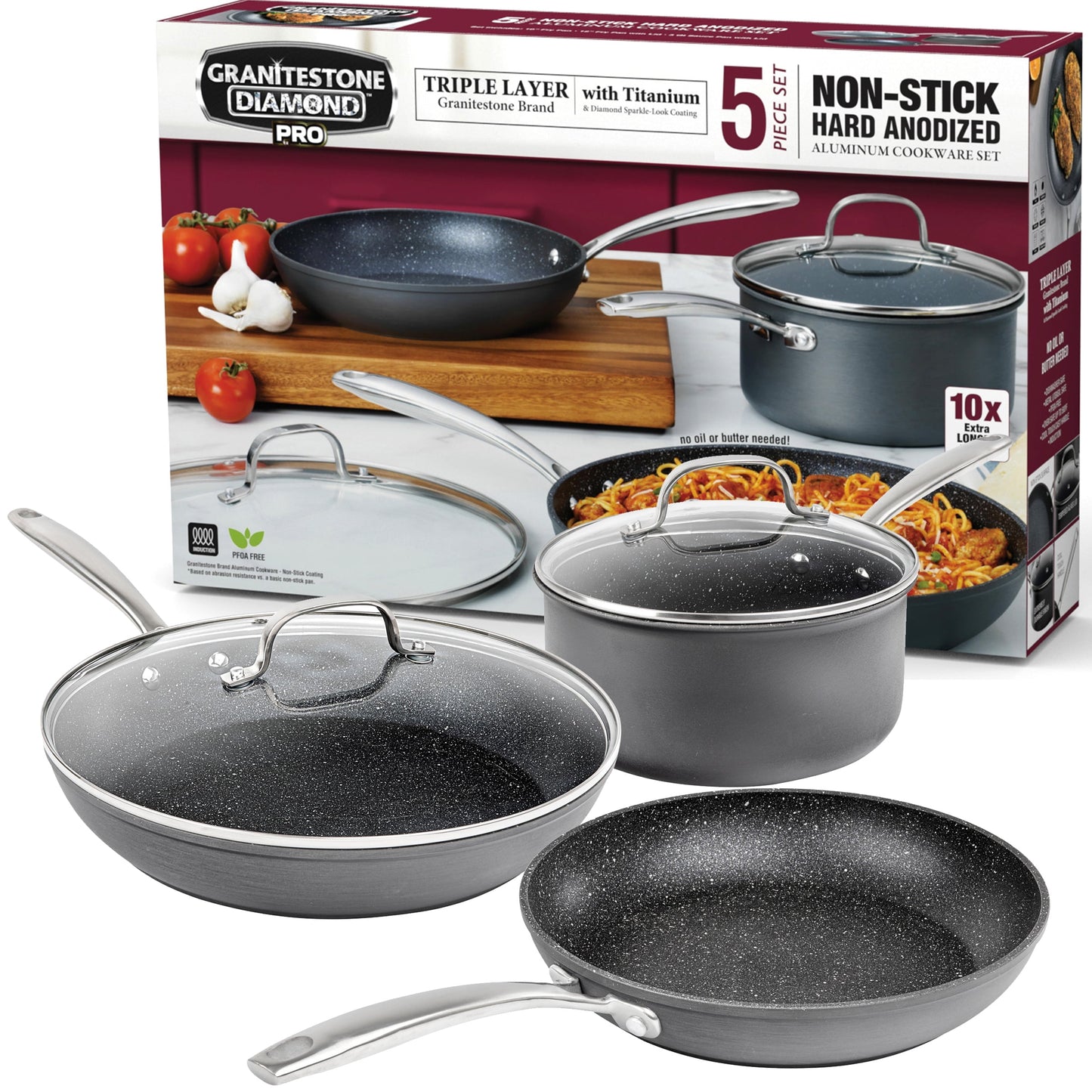 Granite Stone PRO Series Hard Anodized Aluminum Ultra-Nonstick Ti-Ceramic Coating 5 Piece Cookware Set, Dishwasher Safe, Oven Safe