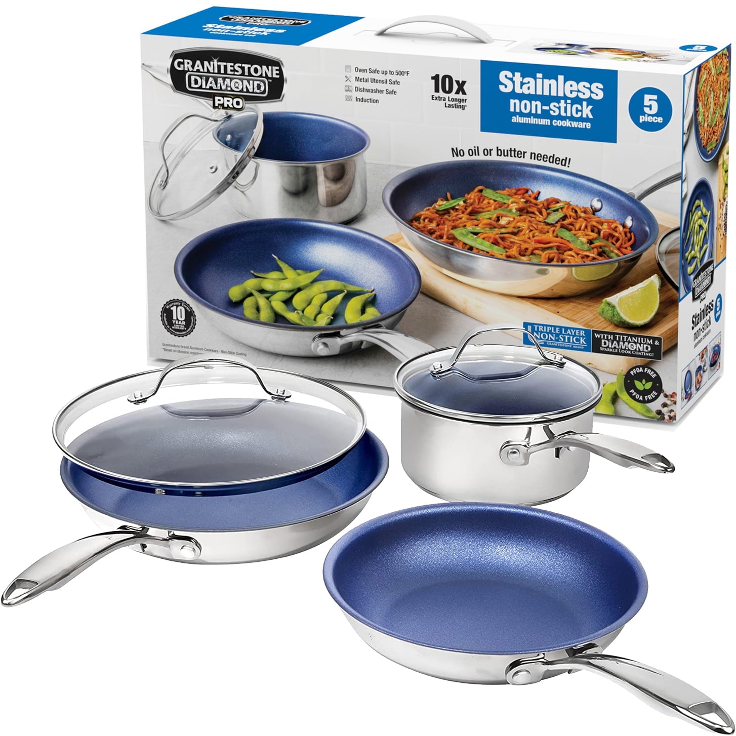 Granitestone Blue Nonstick Cookware Set, Tri-Ply Base, Stainless Steel Pots & Pans Set, 5 Piece Cookware, Includes, Frying Pans, Stock Pots & Skillets, Dishwasher & Induction Safe, Stay Cool Handles