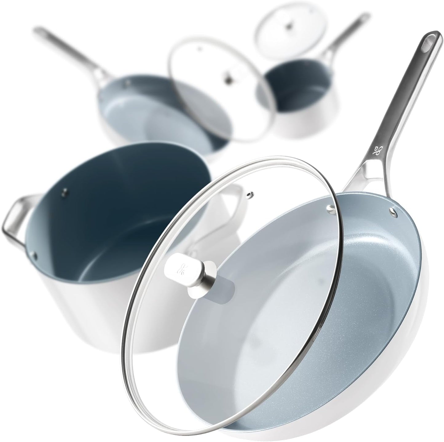 Greater Goods Savvy Ceramic Nonstick Cookware Set, 10 Piece Kit (Birch White)