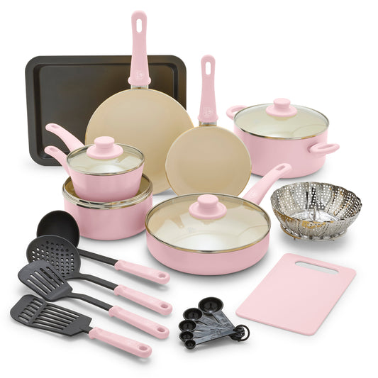 GreenLife 18-Piece Soft Grip Toxin-Free Healthy Ceramic Non-Stick Cookware Set, Pink, Dishwasher Safe