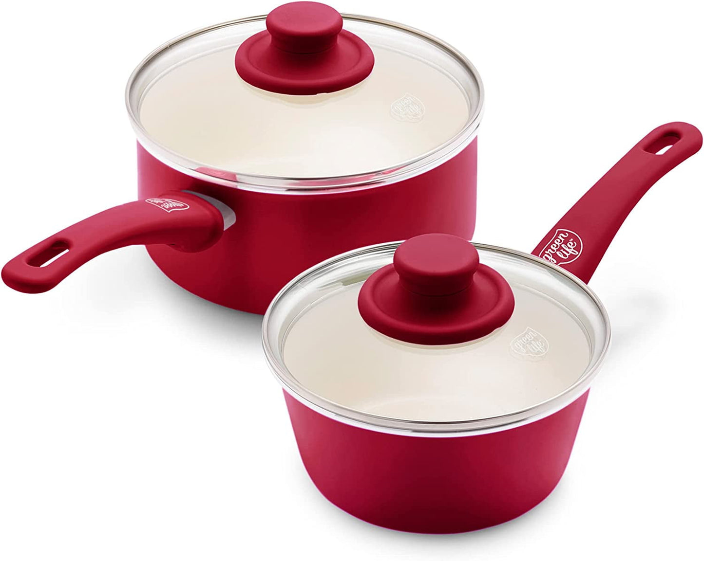 GreenLife Soft Grip Healthy Ceramic Nonstick, Saucepans with Lids, 1QT and 2QT, Red