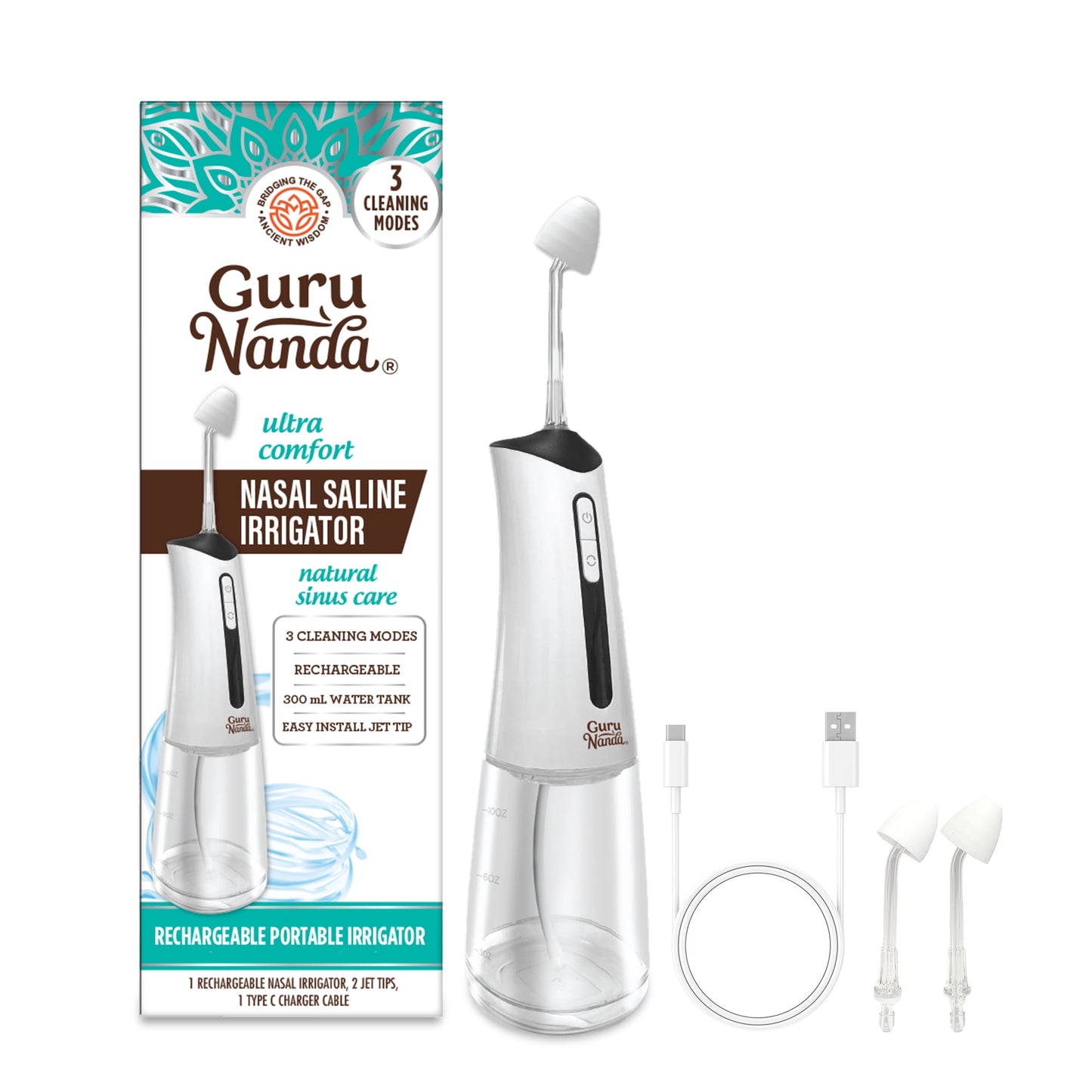 GuruNanda Ultra Soft Nasal Saline Irrigator for Sinus Relief - Rechargeable, 300mL Water Tank