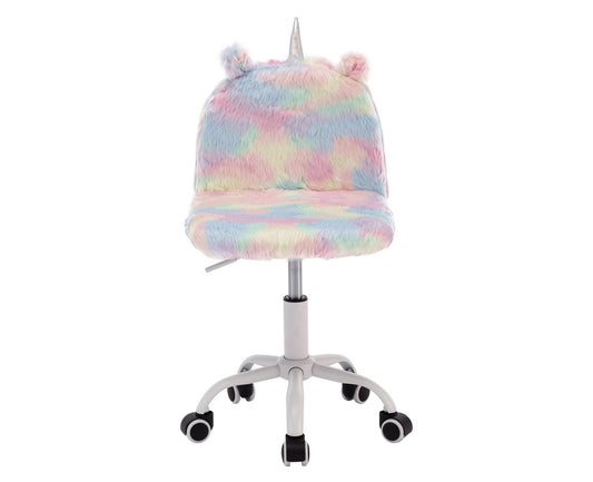 Guyou Cute Fuzzy Kids Chair, Faux Fur Rolling Swivel Children Desk Chair, Adjustable Student Task Chair Vanity Chair with Unicorn Shaped Back for Bedroom Living Room Study Room Kids Room , Colorful