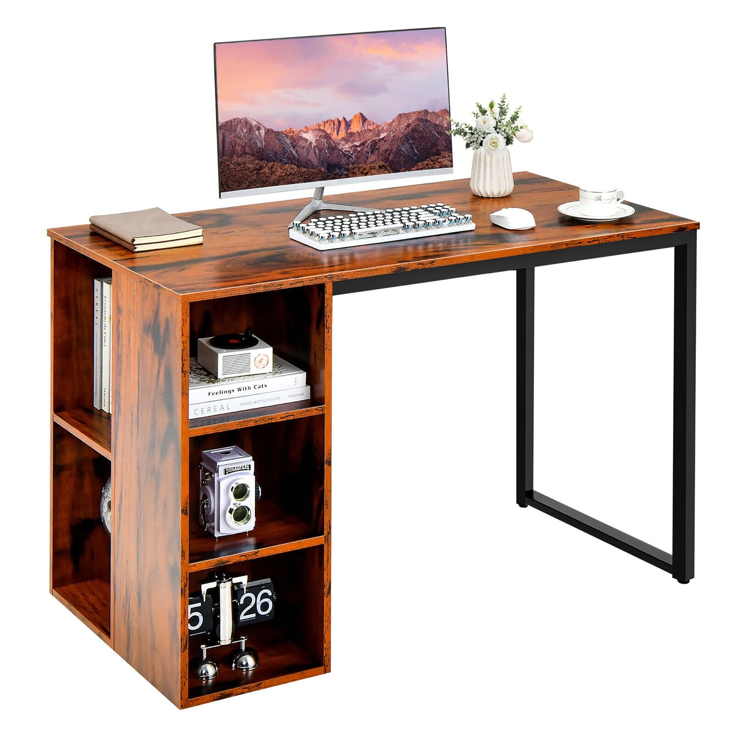 Gymax Home Office Computer Desk Laptop Table Writing Workstation w/ 5 Cubbies Rustic Brown