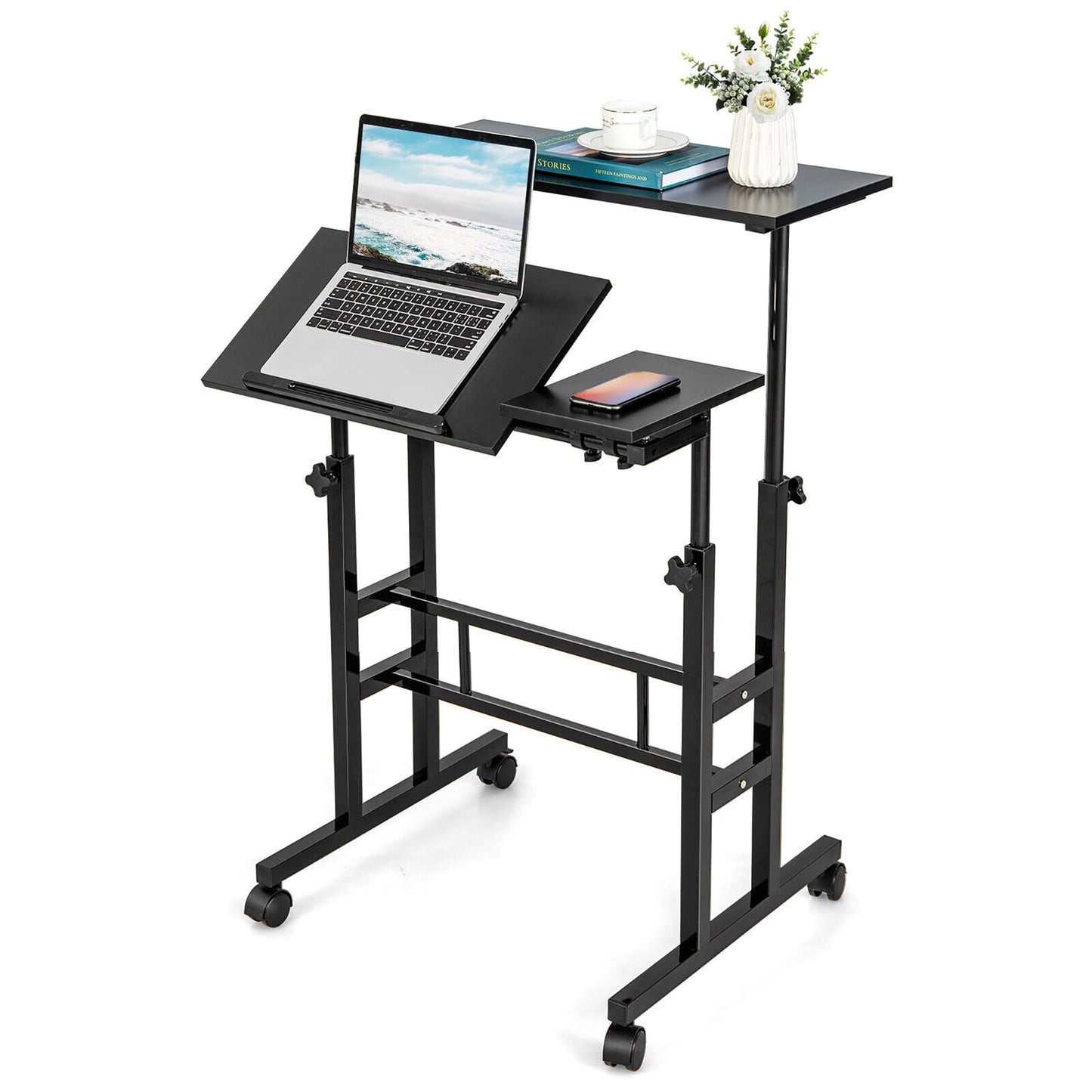 Gymax Mobile Stand up Desk Adjustable Computer Desk Tilting Workstation Walnut